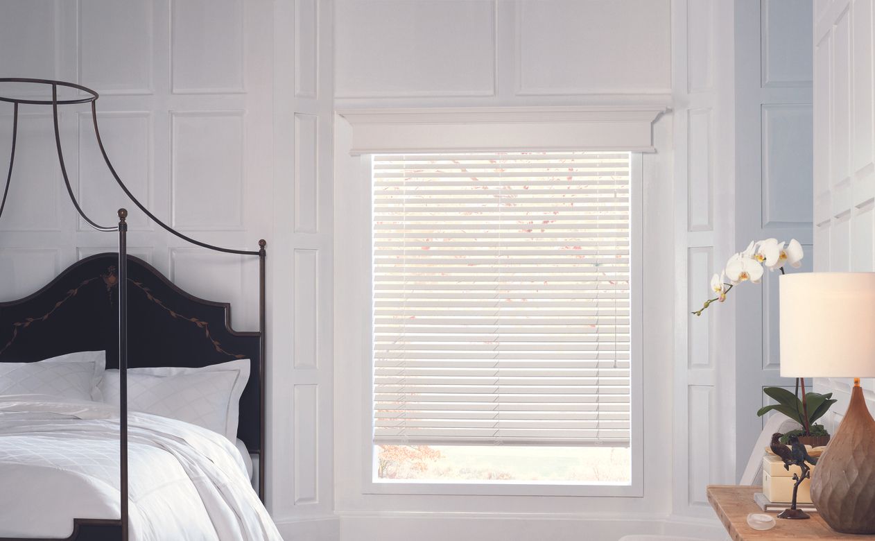Hunter Douglas blinds in a black and white bedroom